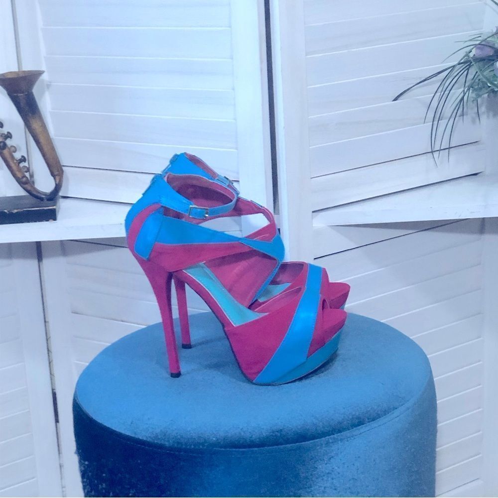 NWOT Liliana vegan leather teal blue and hot pink 6” heel platform sandals sz 9 - Picture 6 of 10